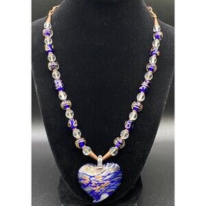 Blue & Copper & Silver Foil Glass Heart Necklace by Neanie-Bot